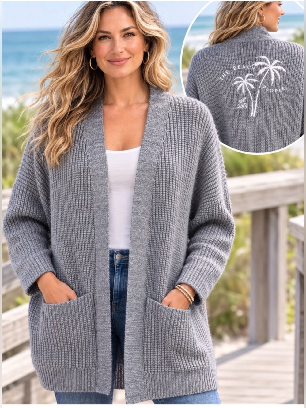 The Beach People M/L Cozy Chunky Gray Open-Front Women's Cardigan Sweater